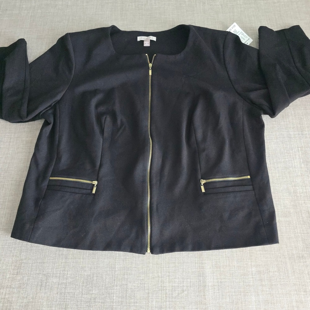 Roz & Ali Womens 2X Black Zip Front Collarless Jacket Gold Hardware NWT - Picture 2 of 7